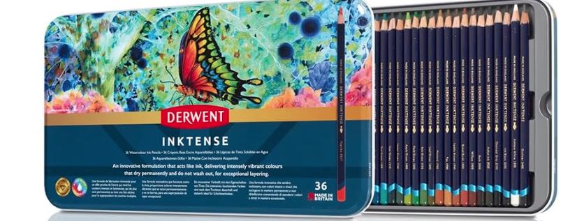 Derwent Inktense Scatola in Metallo matite Acquerellabili Permanenti con Anima da 4 mm, Solubili in Acqua, Adatte per Colorare e Dipingere,