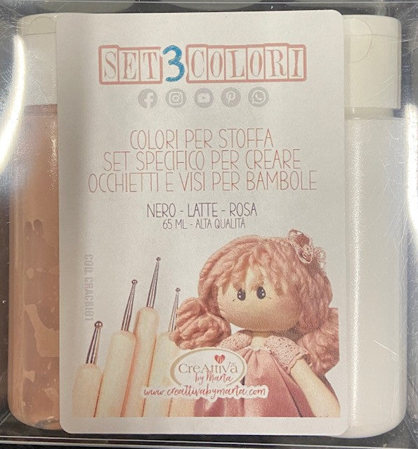 set 3 colori per visi bambole stoffa e legno
