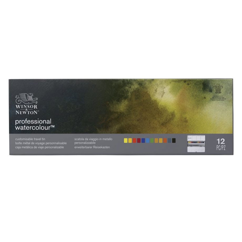 Winsor & Newton Professional Water Colour Customizable Travel Tin - 12 Mezzi Godet (Ex Black Box)