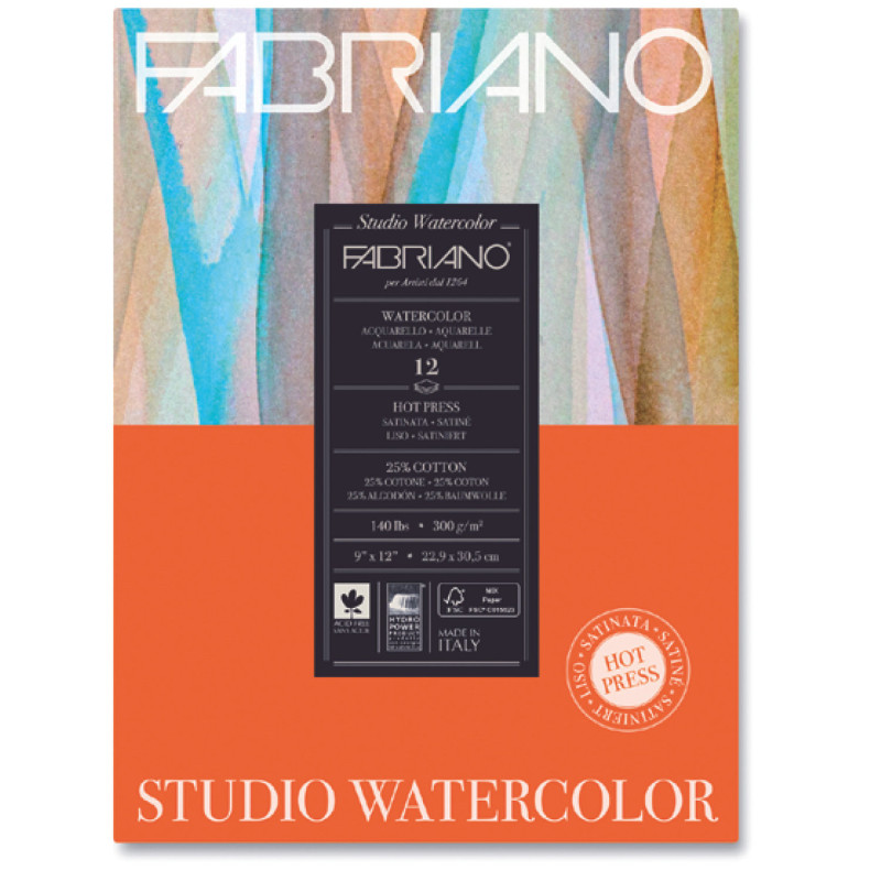 Fabriano Watercolour Studio Satinato, carta per acquerello Formato 20,3 x  25,4cm (12 fogli)