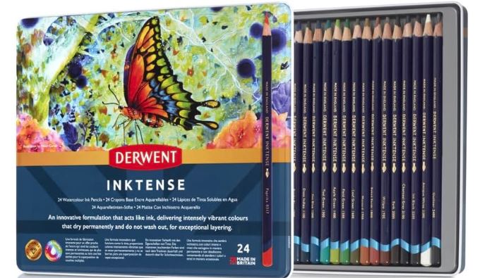 Derwent Inktense Scatola in Metallo matite  Acquerellabili Permanenti con Anima da 4 mm, Solubili in Acqua, Adatte per Colorare e Dipingere,