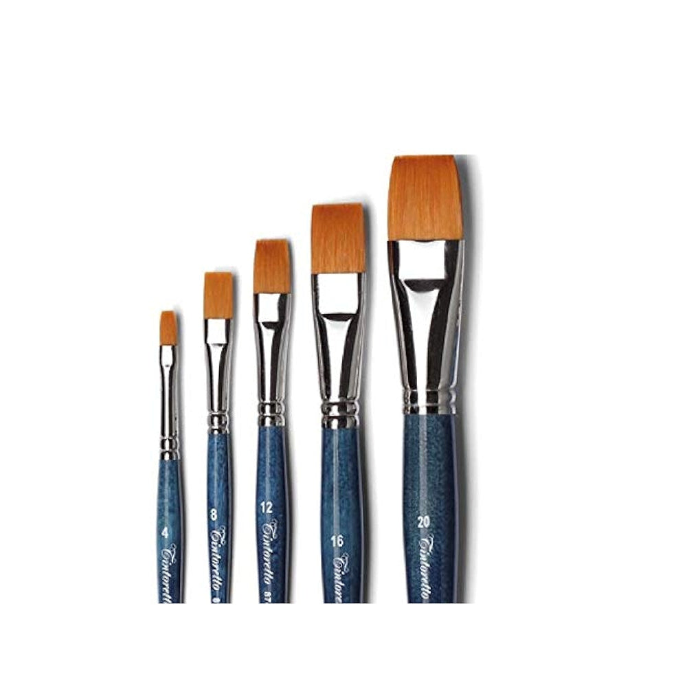 TINTORETTO Set 9 PENNELLI Serie 874 Manico Corto Pelo Sintetico Piatti N.0, 2, 4, 6, 8, 10, 12, 14, 16 + PORTAPENNELLI in PLASTICA