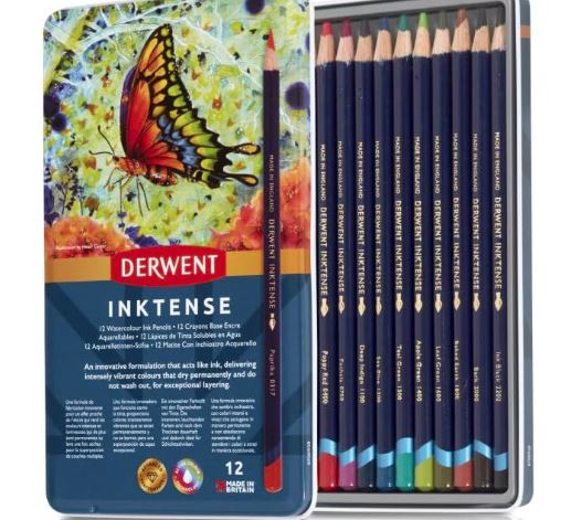 Derwent Inktense Scatola in Metallo matite  Acquerellabili Permanenti con Anima da 4 mm, Solubili in Acqua, Adatte per Colorare e Dipingere,