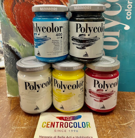 MAIMERI ACRILICO POLYCOLOR SET 5 COLORI PRIMARI IN VASETTI DA 140ml.: BIANCO, NERO, GIALLO, BLU CIANO, ROSSO PRIMARIO