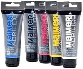Maimeri Acrilico Set 5 Tubi da 200ml. Colori PRIMARI:Bianco, Nero, Blu Ciano, Rosso Magenta, Giallo PRIMARIO