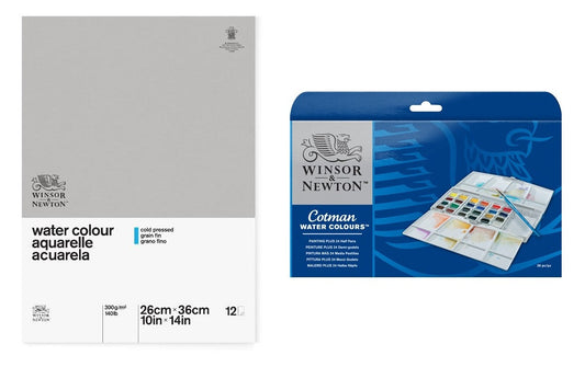 Set Acquarelli Winsor & Newton Cotman Painting Plus 1/2 Godet 24 pezzi con blocco